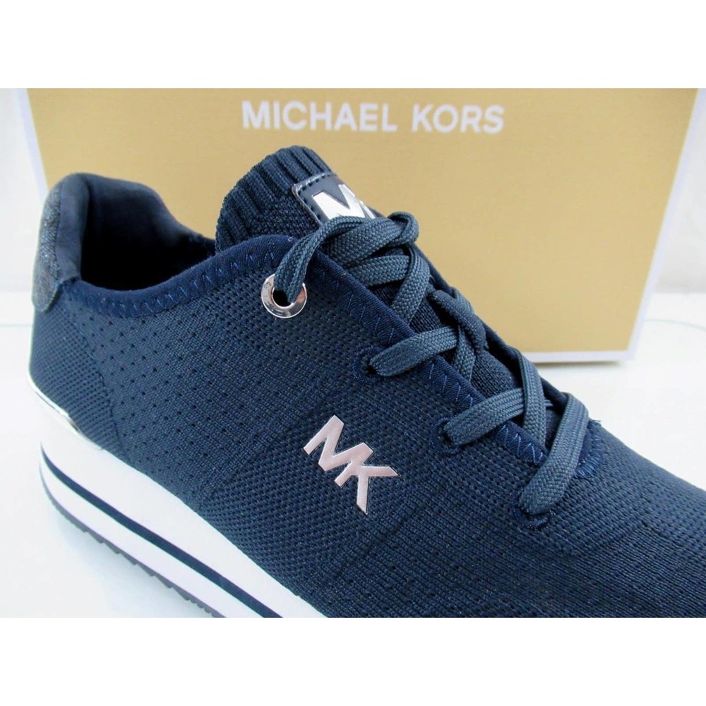 Michael Kors Monique Trainer Lace Up Sneakers MK Logo Stretch Knit Navy - Picture 6 of 7